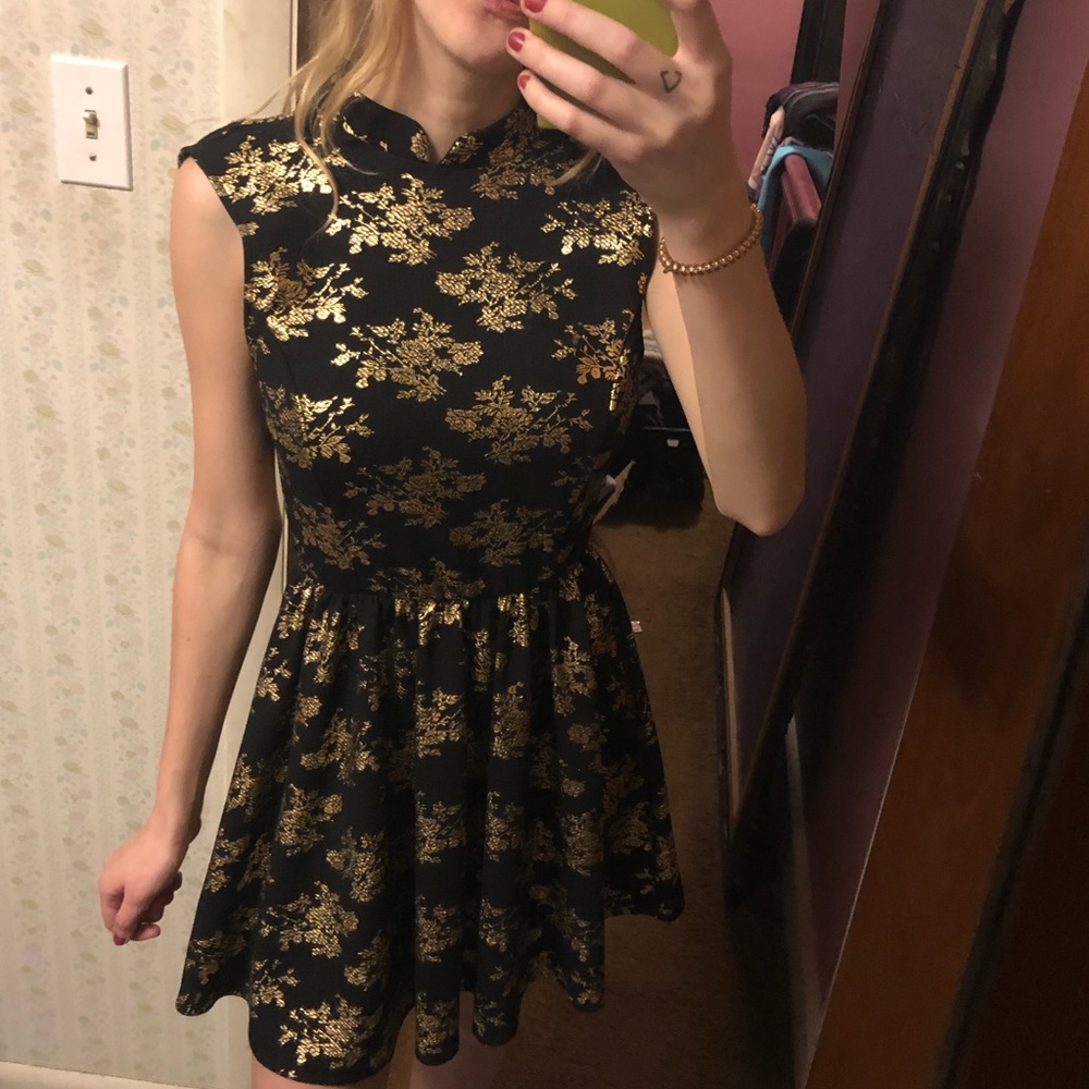 Black Gold Foil Floral Skater Cocktail Dress